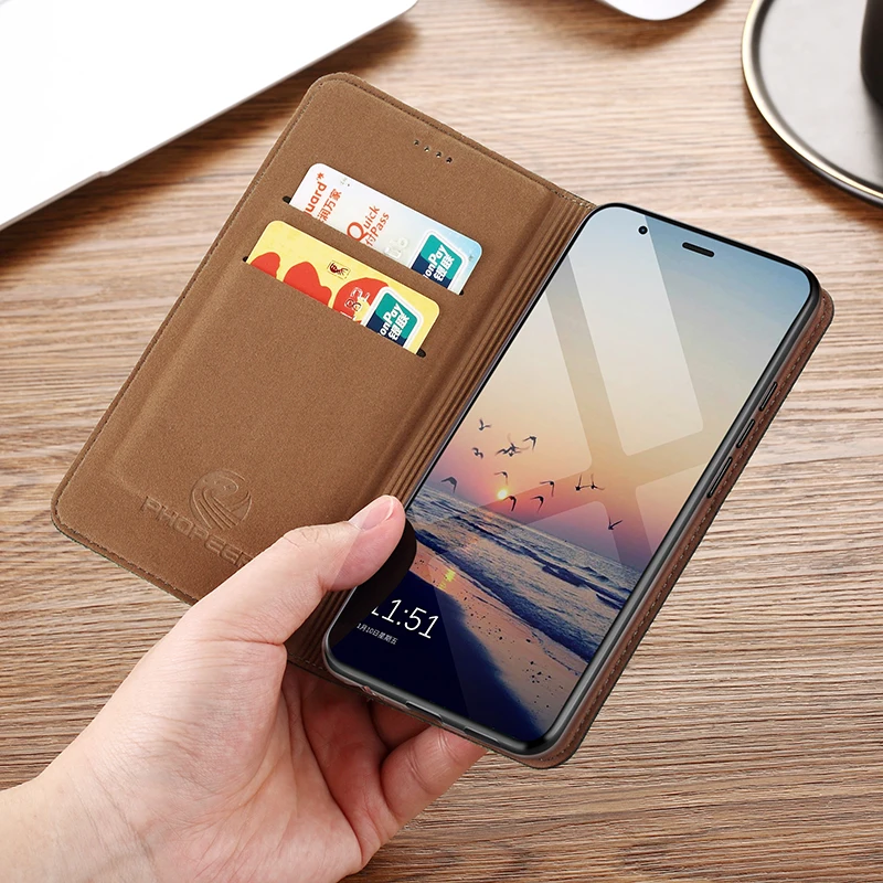 Real Leather Phone Case For Huawei P10 P20 P30 P40 Pro Plus Lite E P50 P50E P60 Pro Art With Kickstand Card Pocket Flip Cover