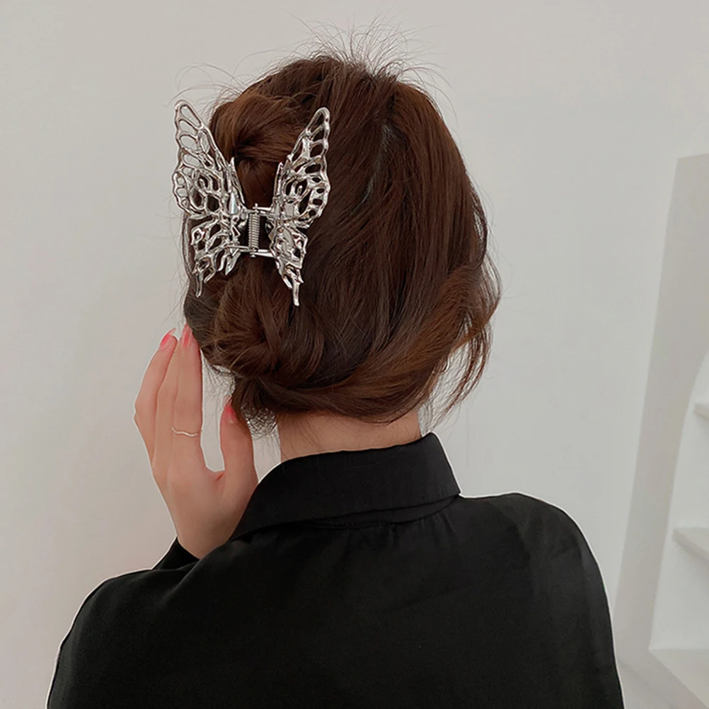 

2 Pcs Metal Butterfly Hair Clip Clips for Women Claw Large Accessories Girls Silver Hollow Small Side Barrettes Ladies