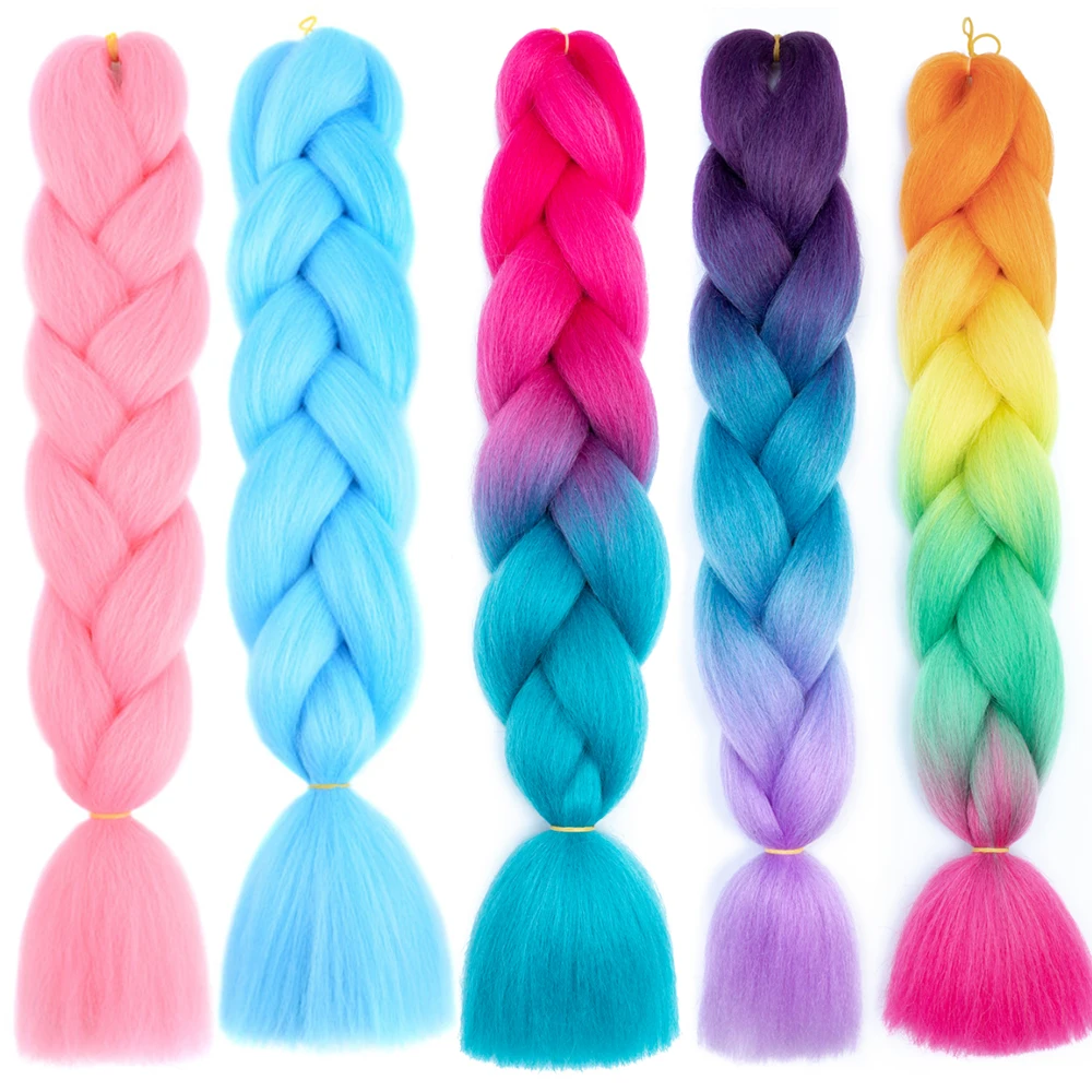 Extensão sintética do cabelo das tranças jumbo para mulheres, trança ombre, roxo, rosa, amarelo, DIY, mais cores, 24"