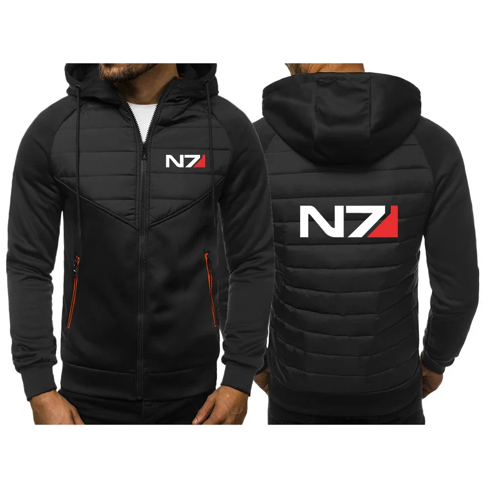 

2024 New N7 Mass Effect Logo Spring and Autumn Mens Printing New Stly Three Color Hooded Cotton Padded Clothes Patchwork Coat