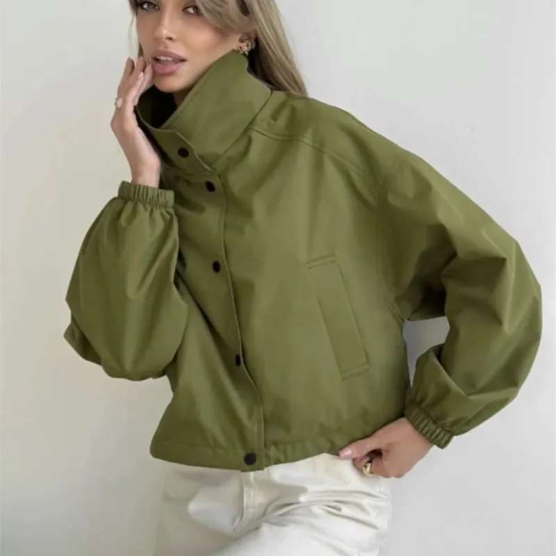 Women Solid Stand Collar Jacket Fashion Long Sleeve Button Pockets Short Coat Jackets 2026 Autumn New Casual Outdoor Outerwear