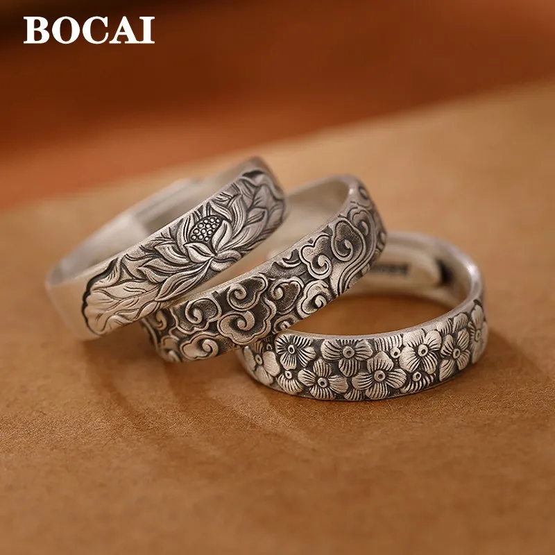 BOCAI Real S999 Pure Silver Jewelry Distressed Matte Retro Auspicious Cloud/Plum/Lotus Chinese Style Women's Open Ring