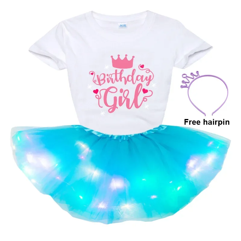 

2024 Summer Girl Dress Set Girl Short Sleeve T-shirt+luminous Skirt+hairpin 3pc Set Design Your Name and Number Birthday Present