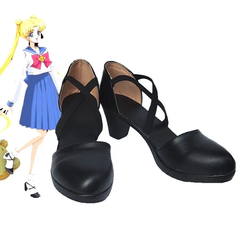 Anime Sailor Moon Tsukino Usagi Cosplay Shoes Black High Heels Short PU Leather Boots For Halloween Carnival