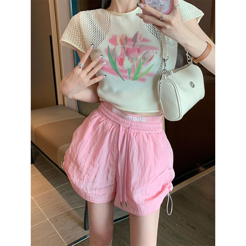 

2024 Sports Shorts Women's Summer Pink High Waist Loose Wide Leg Straight Drawstring Casual Pants Y2K