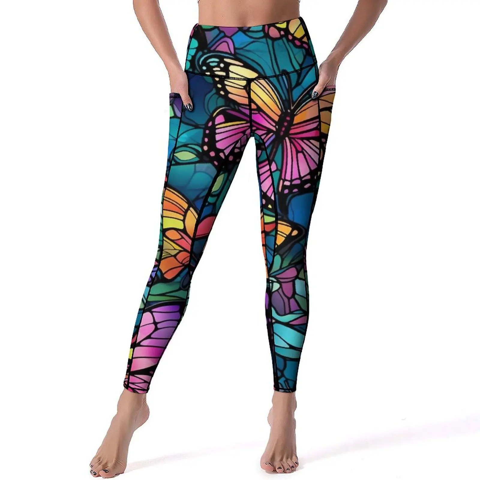 Colorful Butterflies Are Flying Yoga Pants Pockets Leggings Sexy High Waist Funny Yoga Sport Legging Quick-Dry Workout Leggins