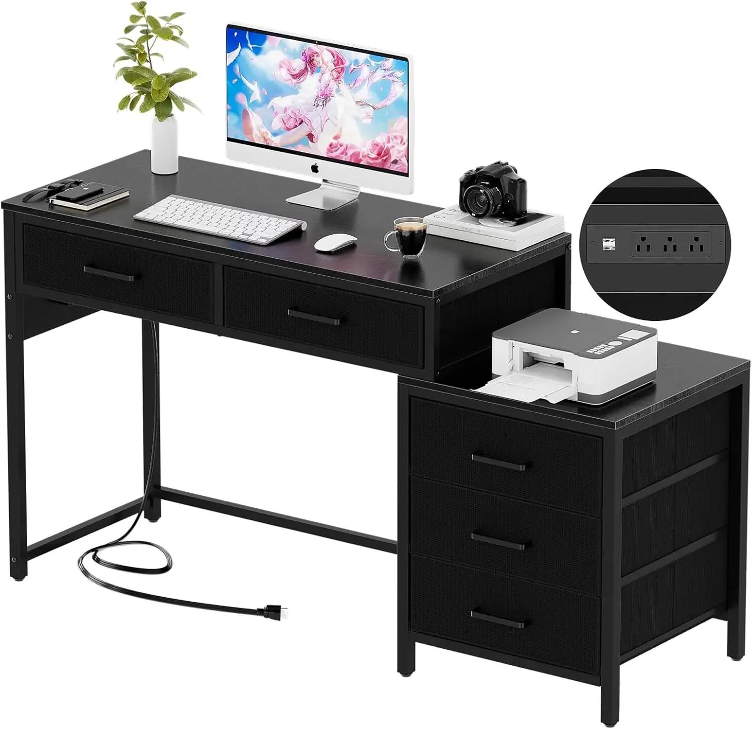 Reversible Computer Desk with 5 Drawers, Sturdy Office Desk with Power Outlets and USB Ports, Corner Writing Table with File