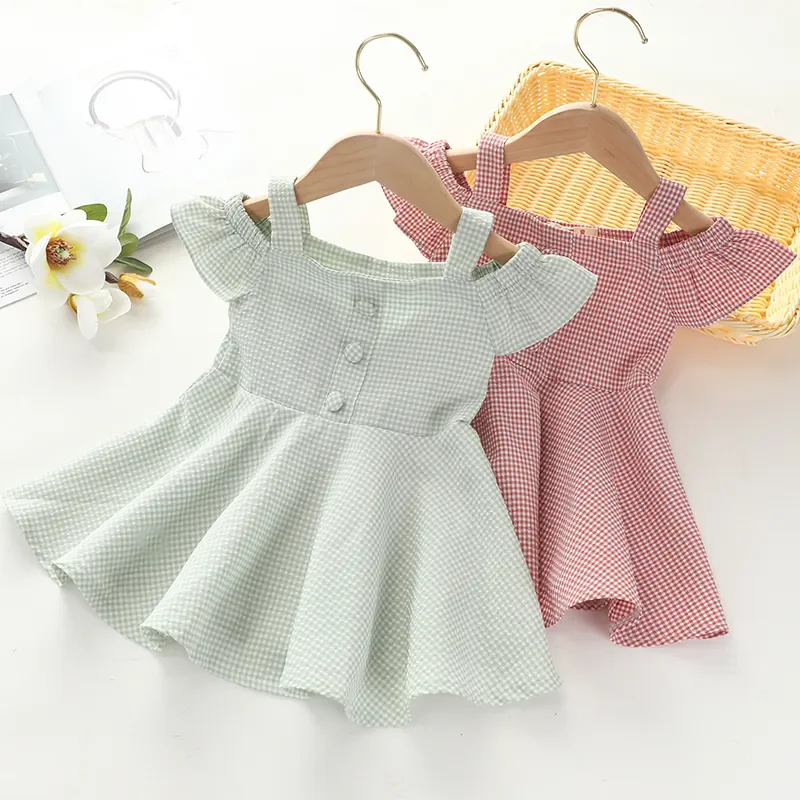 

Summer Baby Kids Pink Plaid Dress Elegant Children Girls Fly Sleeve Midi Dress Party Princess Sundress Baby Girls Fashion Dress