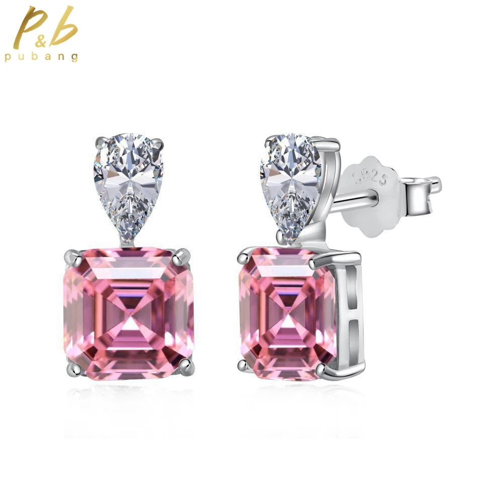 

PuBang Free Shipping Fine Jewelry Real 925 Sterling Silver Pink/Blue Created Moissanite Stud Earrings for Women Anniversary Gift