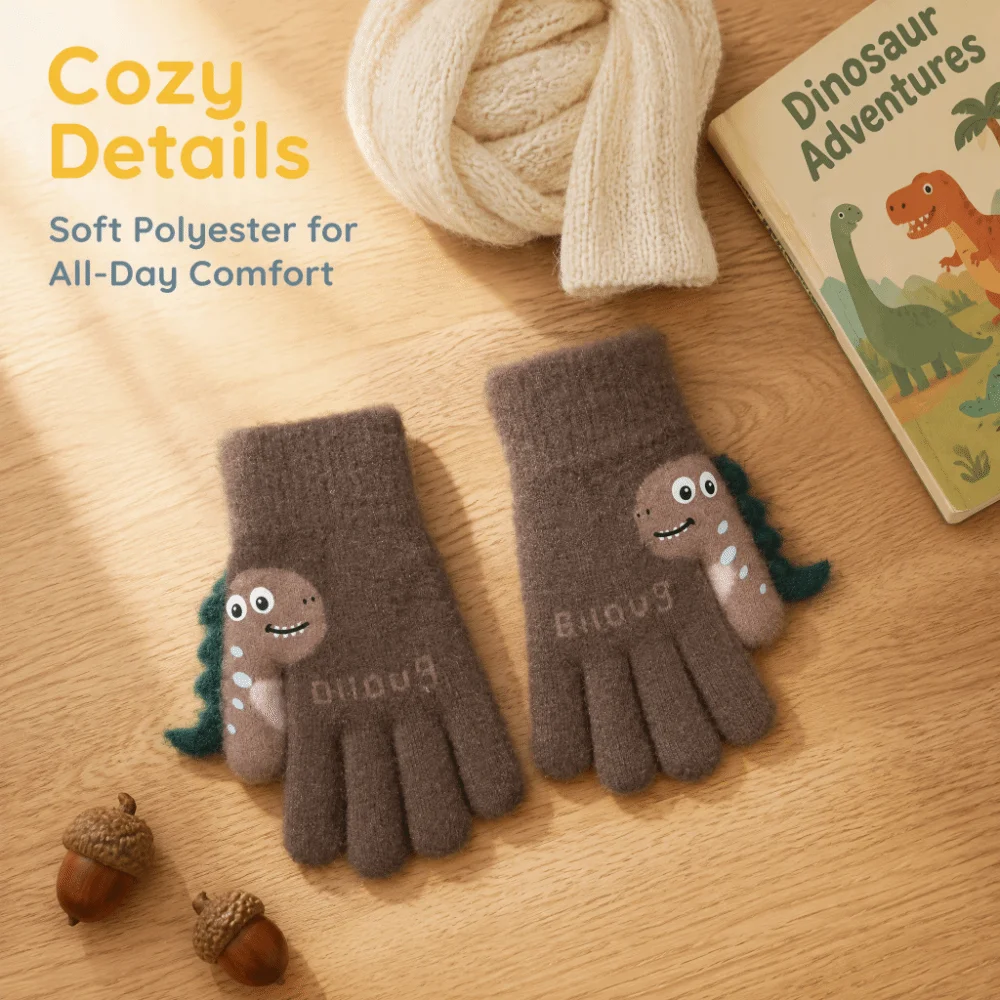 Cartoon Thicken Kids Full Finger Mittens Soft Warm Winter Dinosaur Gloves Windproof Elastic Knitted Gloves Children