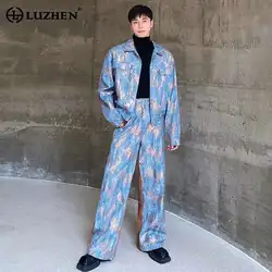 LUZHEN Spring Men's Denim Casual Jacket Straight Tube Pants Korean Sequin Decorate Trendy Two-piece Sets New Suits LZ2739