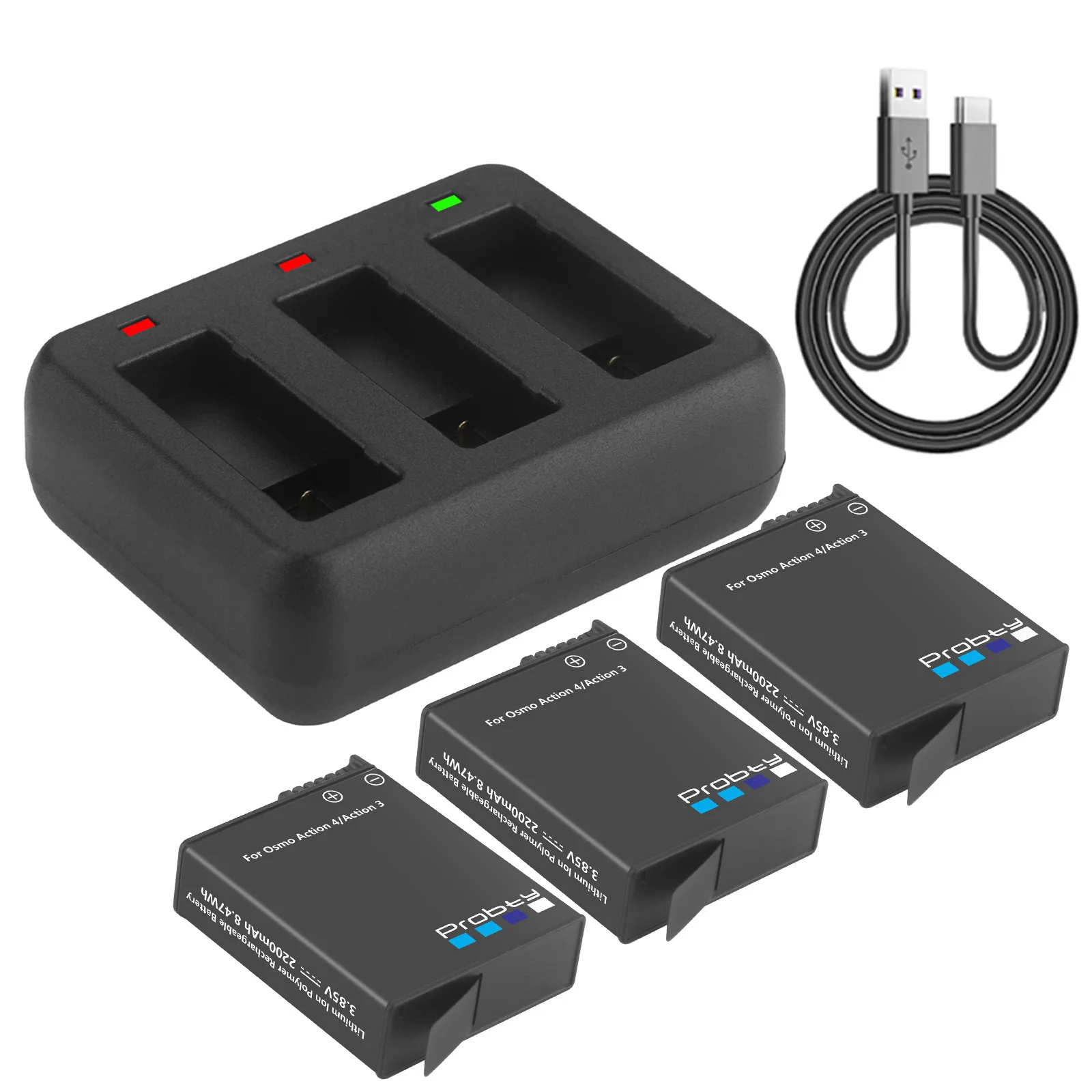 For DJI Osmo Action 3/Osmo Action 4 Battery+3-Channel USB Charger Hub Charging Kit Accessories