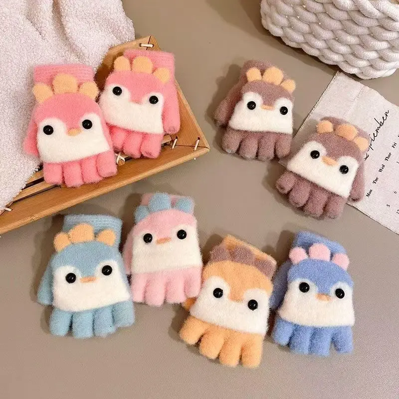Winter warm children's knitted gloves plush thickened cold proof students write outdoor half finger flip open convenient gloves