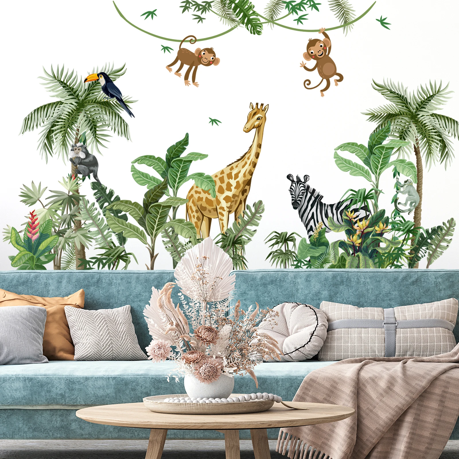 Jungle Green Leaf Animal Wall Decor Sticker For Kids Room Big Size Wallpaper Mural DIY Vinyl Self Adhesive Home Decoration Decal