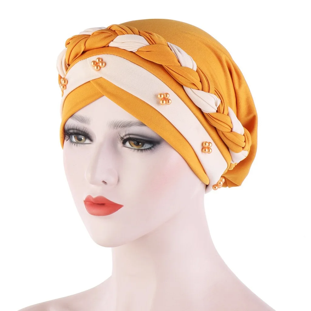 New Arrival Spring Autumn Muslim Headscarf Milk Silk Two-color Studded Braid Hijab Cap Borkini Women Gorras Para Mujer