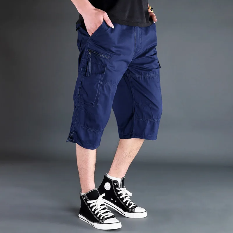 Pantalones cortos Cargo de longitud larga para hombre, Bermudas informales de algodón con múltiples bolsillos, cintura elástica, camuflaje militar, Verano