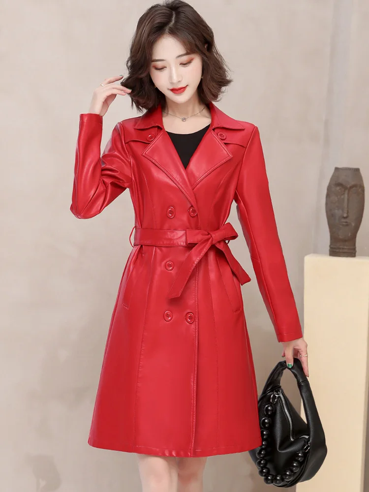 2024 Spring Autumn Sheep Leather Long Trench Coat Women Double Breasted Slim Trench Coat Female Outwear Fashion Windbreaker