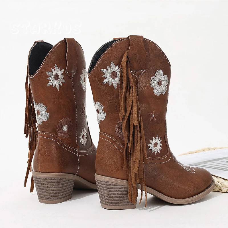 Floral ocidental joelho botas altas meninas qualidade premium deslizamento-on franja cowboy botas longas crianças outono salto alto ponto dedo do pé