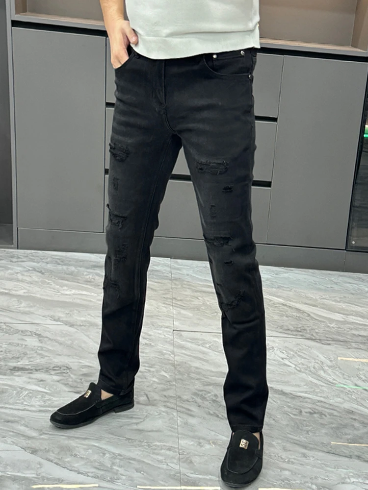 

Trendy Bla Straight Leg Jeans Men's Faion Simple Design Autumn Winter Destroyed Denim Pants Youth Casual Slim Fit Jeans