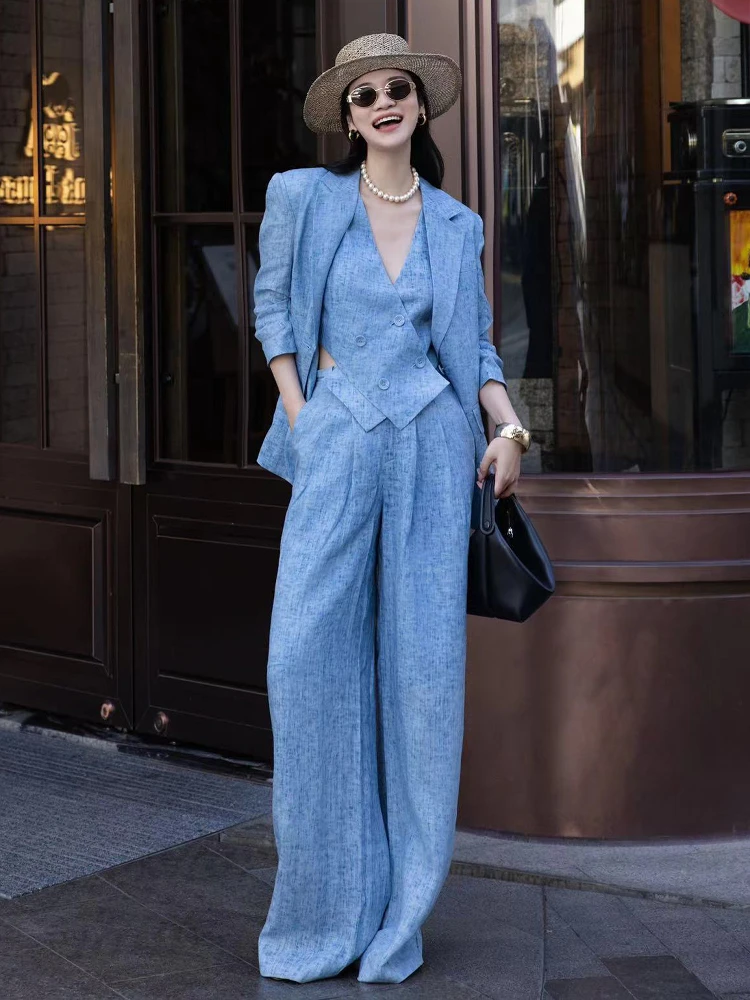 

Fashionable Linen Three-Piece Suit Set for Women over 35 Spring Summer Design Wide Leg Pants Vest Blue Women's Wear
