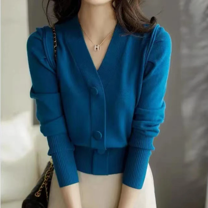 Elegant V Neck Pullover For Women Autumn Winter Woman Clothes Blue Long Sleeve Sweaters Mujer Korean Fashion Knitted Tops Female