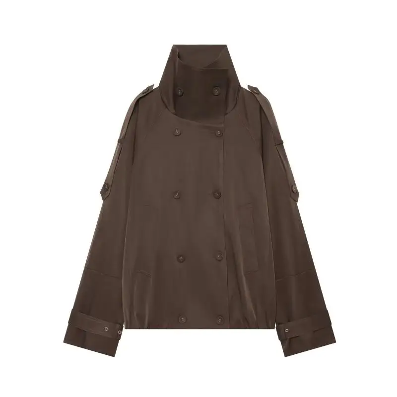 Maxdutti Nordic Minimalist Casual Women's Jacket Woman Clothes Tops Solid Stand Up Collar Double Breasted Windbreaker Jacket