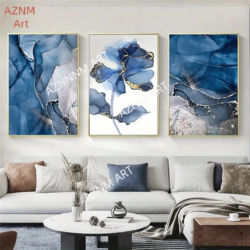 1/3 Stück rahmenlose nordische abstrakte blaue Marmor und Blumen Leinwand Malerei Wand dekorative Bilder für Wohnzimmer Poster