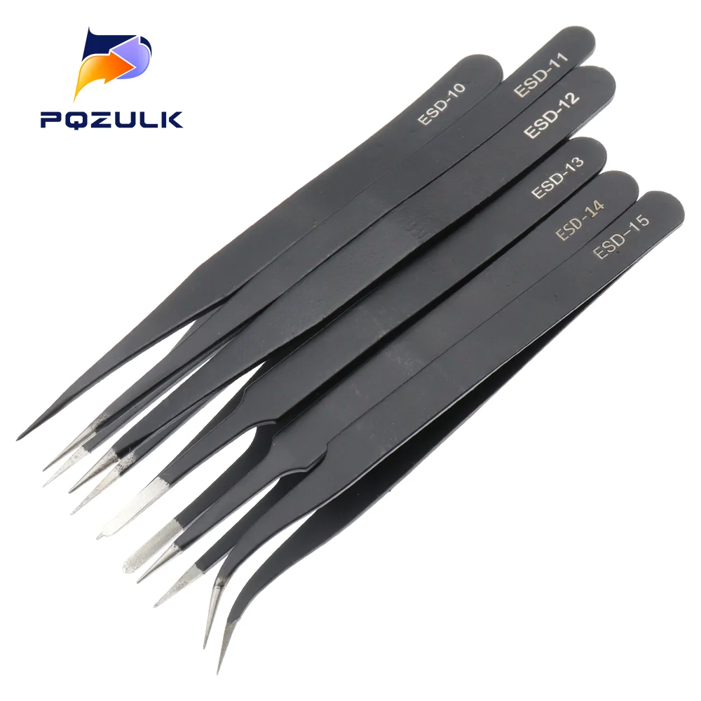 1PCS ESD-10/11/12/13/14/15Anti-static Stainless Steel Tweezers Industrial Precision Curved Straight Tweezers Maintenance Tool