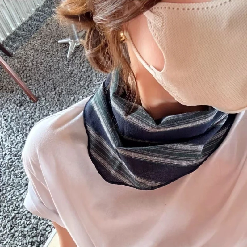 

Элегантный хлопковый шелковый шарф в темно-синюю зеленую полоску в стиле ретро, треугольная повязка на голову, галстук для волос, модный высококачественный аксессуар для волос