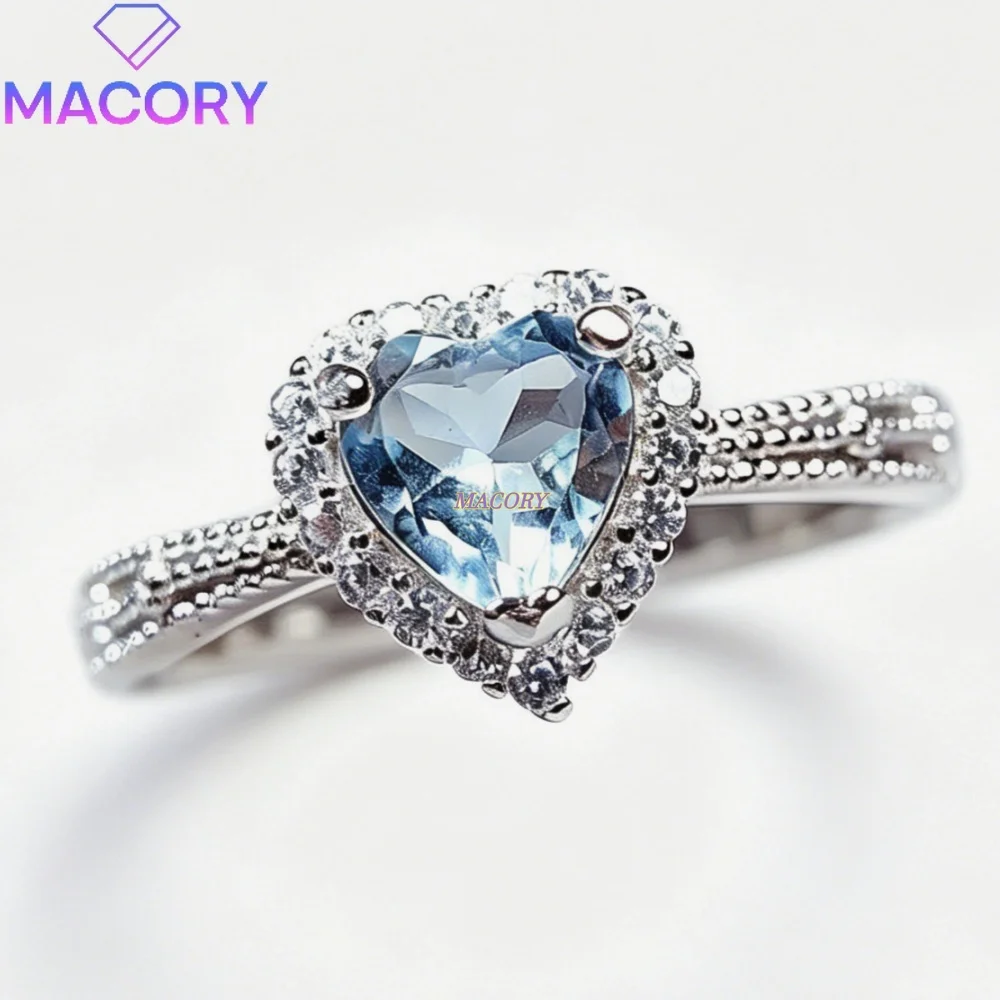 Natural Aquamarine and Citrine 925 Sterling Silver Women's Ring Luxurious and Exquisite Heart-Shaped Engagement and Wedding Ring