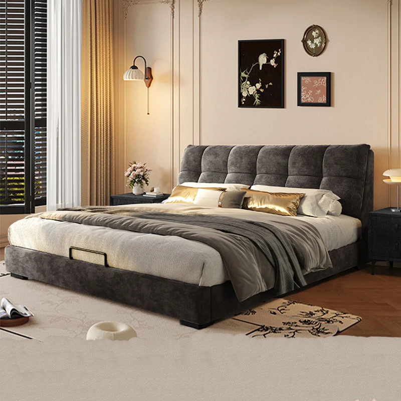 

erItalian Minimalist Light Luxury Modern Puff Cloud Cream Chenille Cloth Birch Wooden Frame Upholstered Customizable Size Bed%