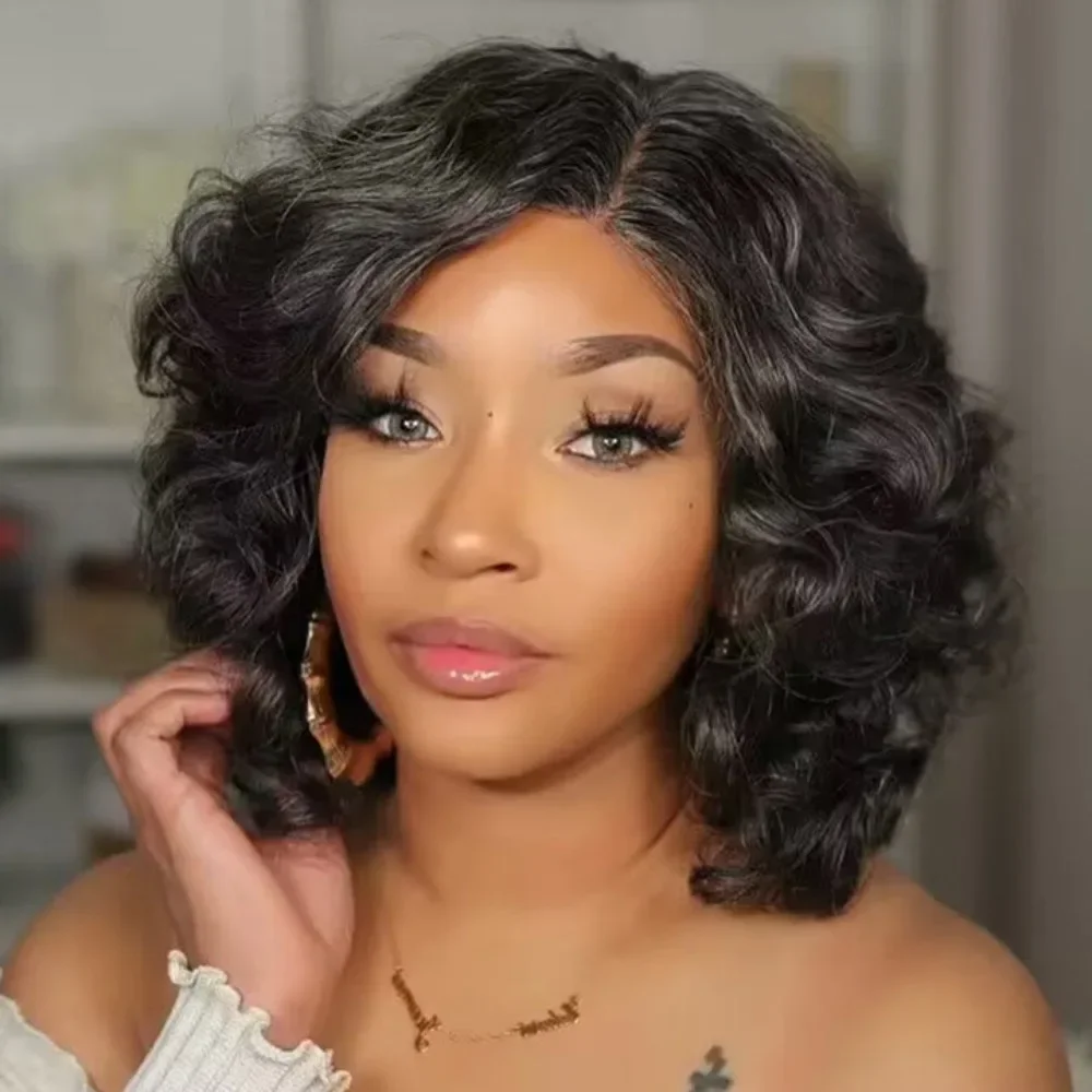 

Soul Lady 250% Women's Natural Full Pepper With Less Grey Hairstyle Loose Wave 4x4 HD Lace Wigs Side Part Bob Real Human Hair