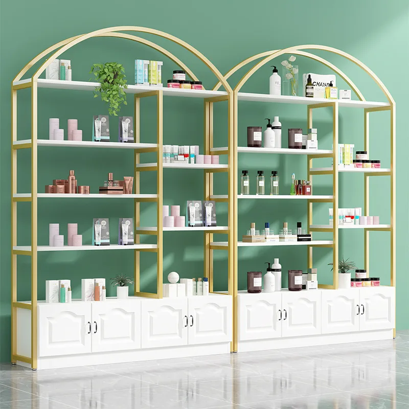 Modern Multi-Layer Metal Wood Storage Rack Cosmetics Display Cabinet for Beauty Salon Nail Art Barber Shop Skin Care Storage