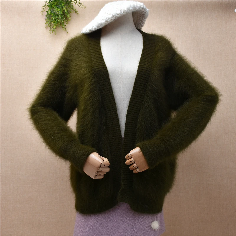 Ladies Women Fall Winter Green Hairy Mink Cashmere Knitted Long Sleeves V-Neck Loose Cardigan Mantle Angora Fur Coat Sweater Top