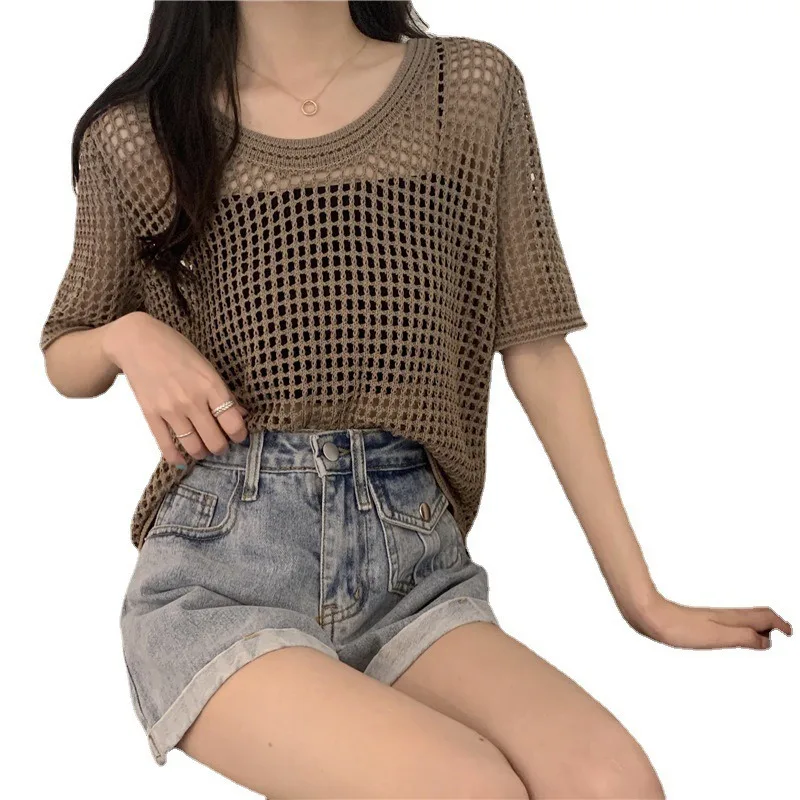 Summer Thin Design Hollow-out Short-Sleeved Sweater Women\'s Clothing Niche Loose All-Matching Classic Style Smock Top Fashion