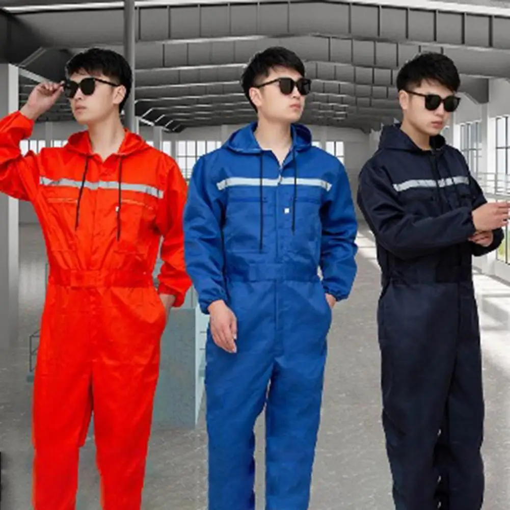 

Unisex Work Overalls Hooded Drawstring Wear-resistant Reflective Zipper Work Clothes Loose Pockets Safety Worker Coveralls