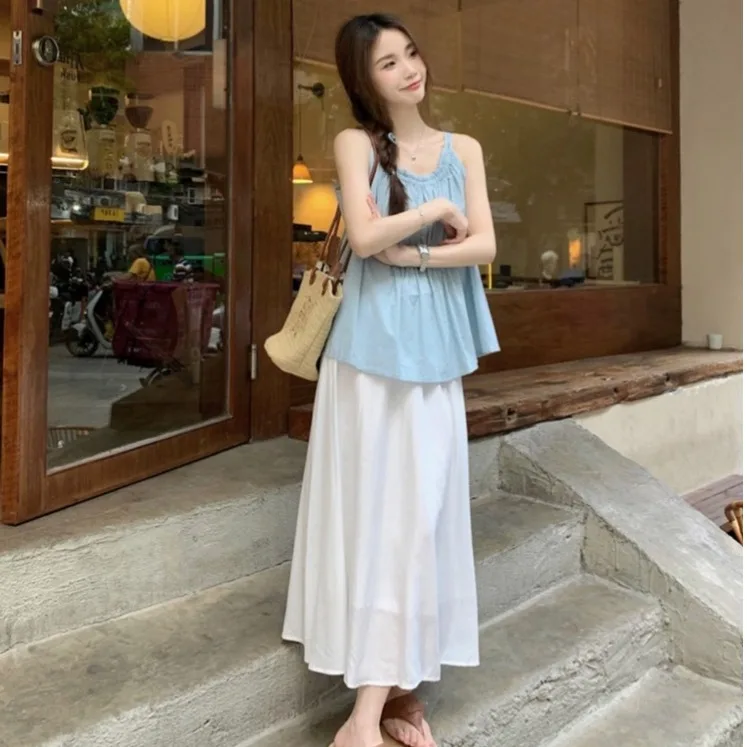 ゆったりとしたブルーの紳士風デザインのツーピースセット、万能な白いスカート付き、女性の夏のファション衣装、f丈スカート