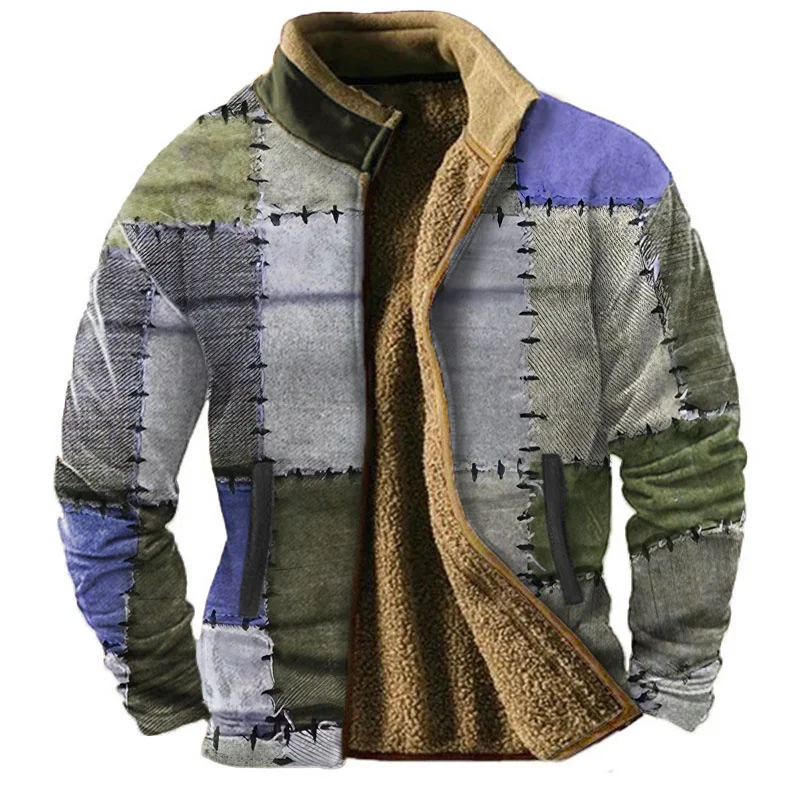 Cross-border hot holiday holiday coat brown long-sleeved stand collar wool winter pattern stitching men\'s daily zipper coat fact