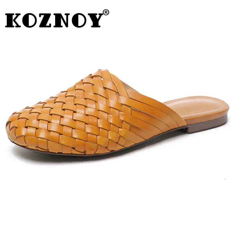 

Koznoy 2cm Summer Slip on Breathable Weave Genuine Leather Slippers Women New In Shoes Round Toe Baotou Loafers Flats Fashion