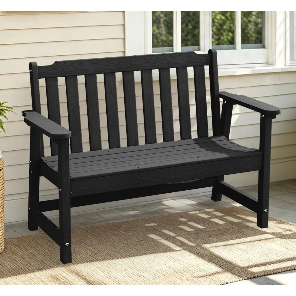 49" HDPE Weatherproof Outdoor Bench, Garden Porch Benches, Black