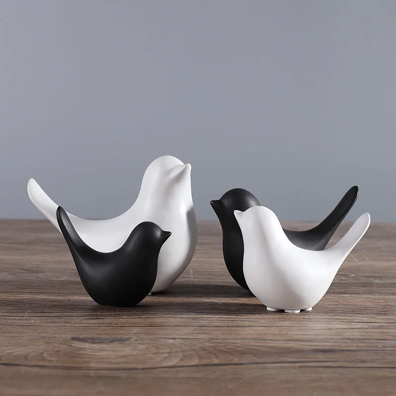 Bird Figurine 4 Sizes Nordic Ceramic Black White Animal Statue Jewelry Home Decoration Living Room Table Sculptural Ornament