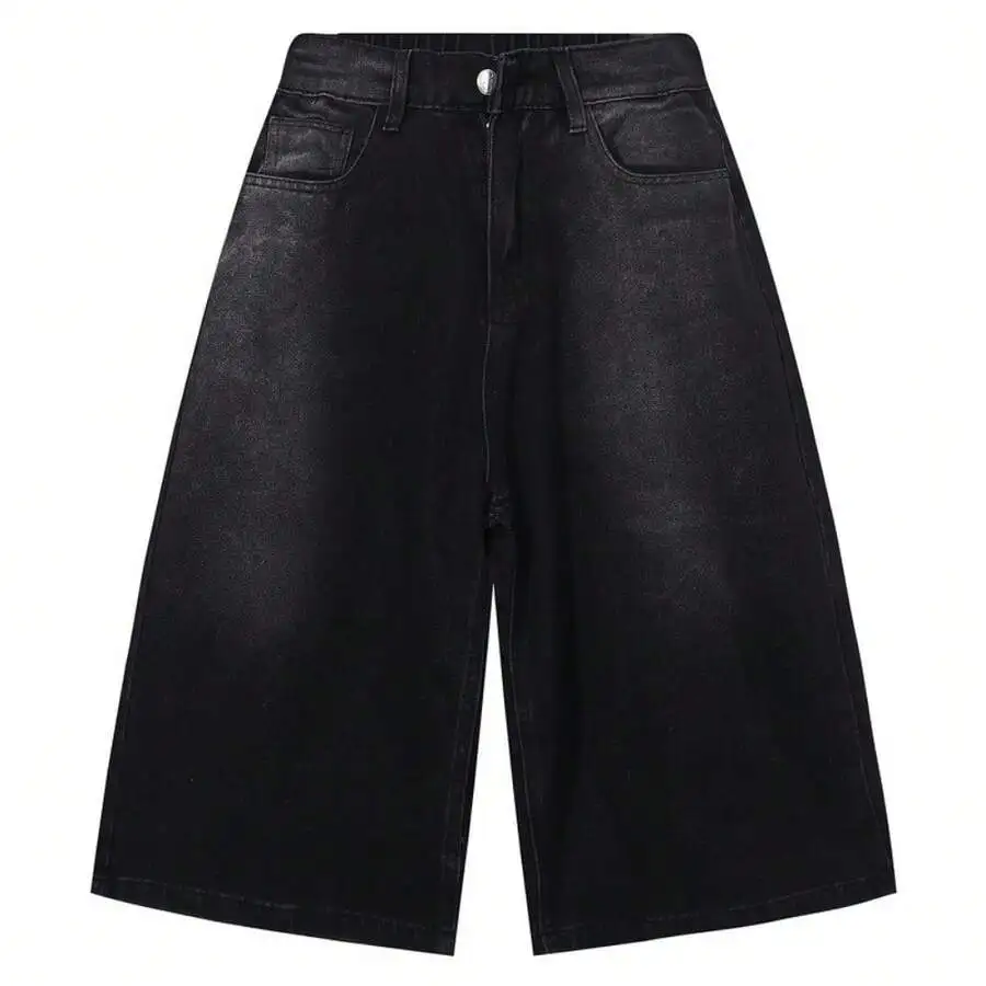 

Black Washed Denim Wide Leg Cropped Pants Loose Straight High Waist Summer Casual