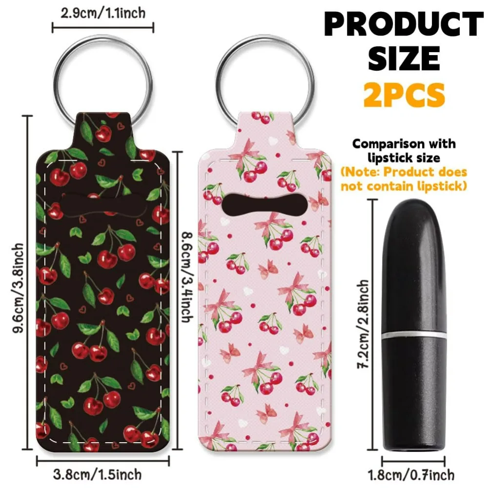 2pcs Lipstick Holder Keychain Cherry Pattern Lip Balm Holders Elastic Diving Fabric Lipstick Keychains Portable Lipstick Holder