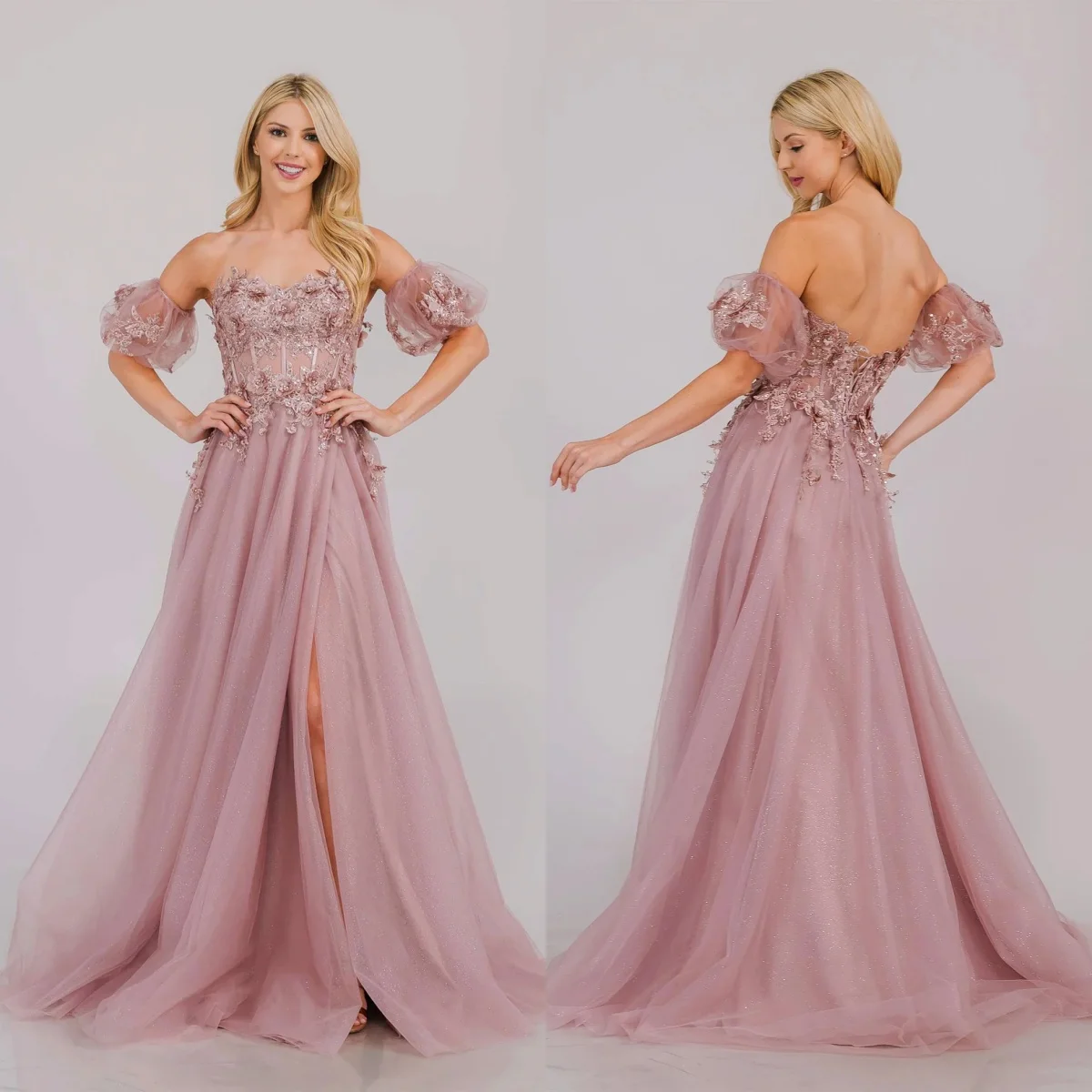 

Charming A Line Prom Dresses Lace Beads Appliques Tulle Evening Gowns Side Split Sweep Train Customized Formal Party Dresses