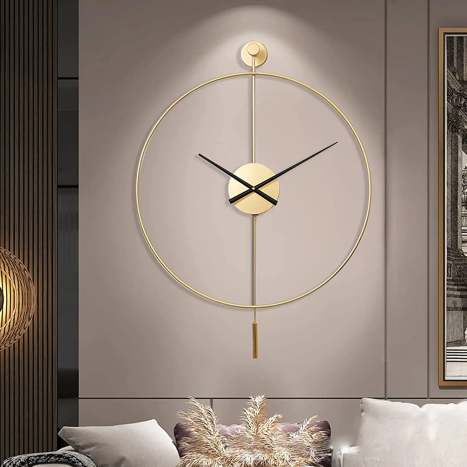 Large Decorative Wall Clock With Pendulum Modern Non Ticking Metal Round Needle Mute Hanging Clock Bathroom Bedroom Home Decor