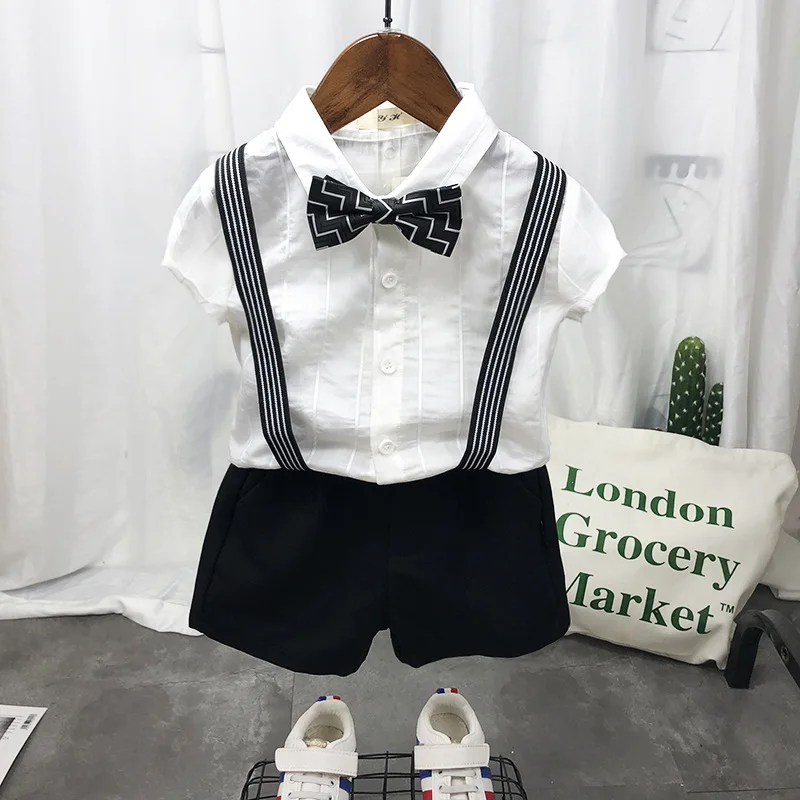 

Детский летний костюм для мальчика: рубашка, шорты, подтяжки, галстук-бабочка, комплект одежды для малышей 1-9 лет