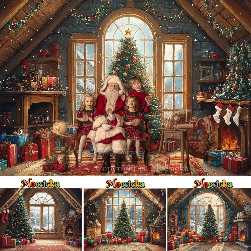 

Santa Claus Studio Background Photography Gift Christmas Tree Fireplace Window Backdrop Decor Kids Winter Portrait Photo Studio