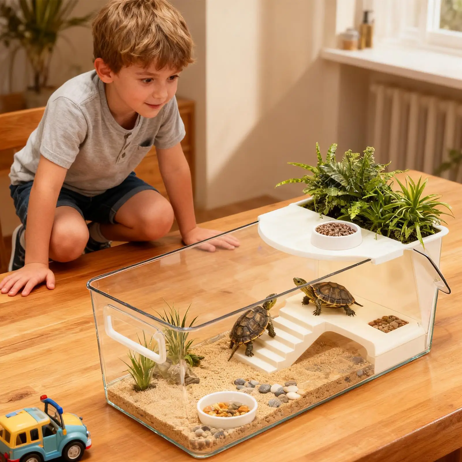 Terrario grande para tortugas con plataforma para tomar el sol, área de agua transparente y poco profunda, transpirable para tortugas, reptiles y ranas arboles.