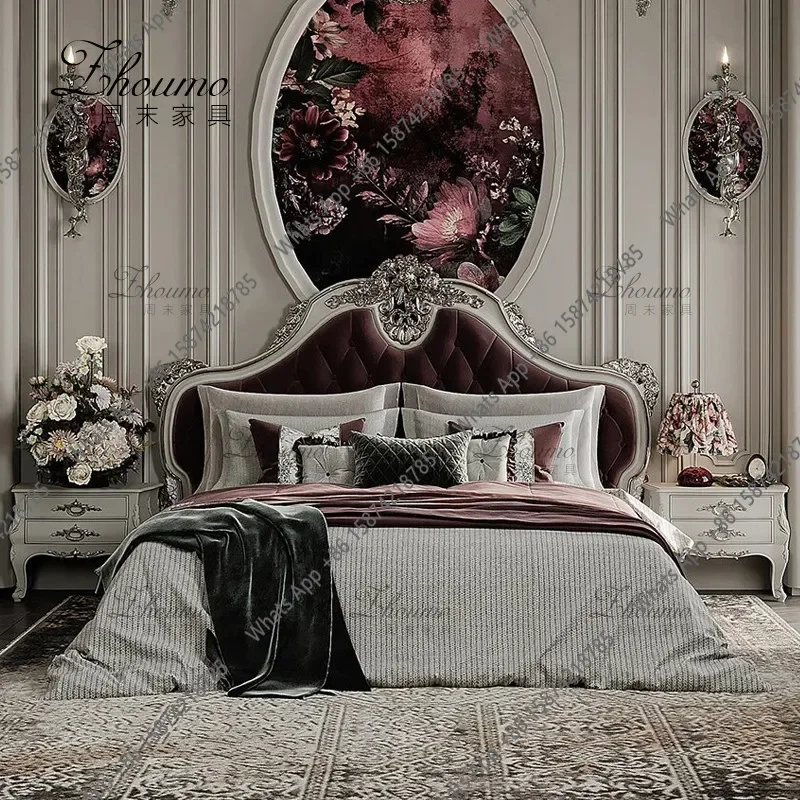 X32 French Retro Solid Wood Double Bed Antique Carved Soft Bag Backrest Master Bedroom Wedding Bed Pull Button Single Bed