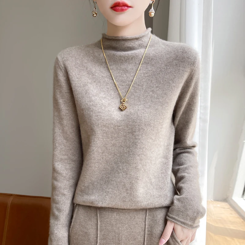 100% Wool Knitted Sweater Women Half High Collar Long Sleeve Tops Autumn Winter Korean Fashion Casual Loose Warm Female Pullover